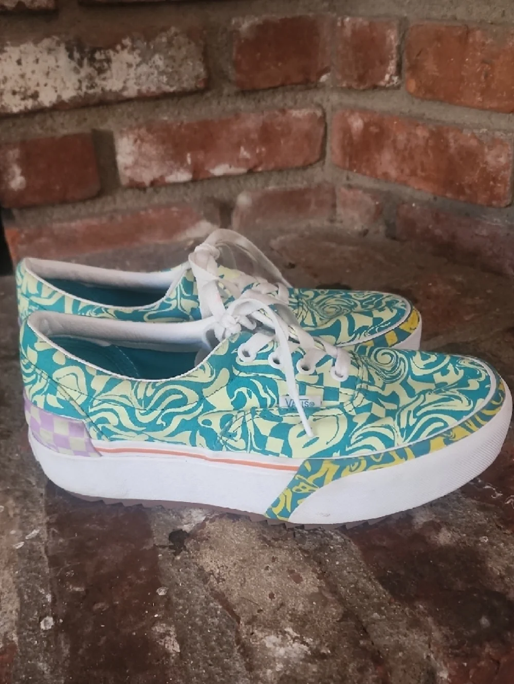 Vans Platform Teal Floral Pattern Sneakers Women Low Top Lace Up Skate Shoes Y2K